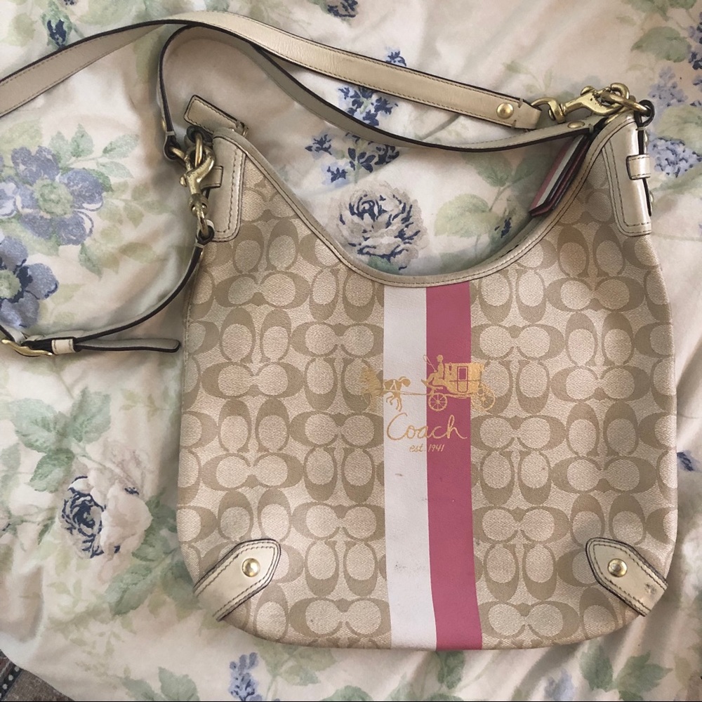 Large pink white and tan Coach crossbody bag